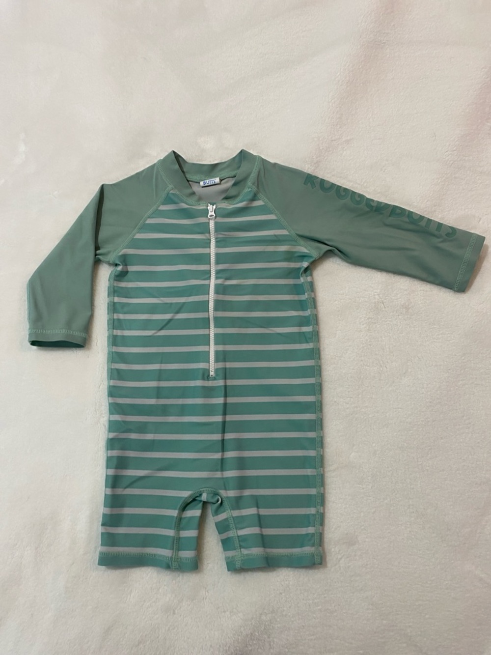 Rugged Butts Mint Green Striped Long-Sleeve Kids Rashguard Sunsuit Swim 12-18M